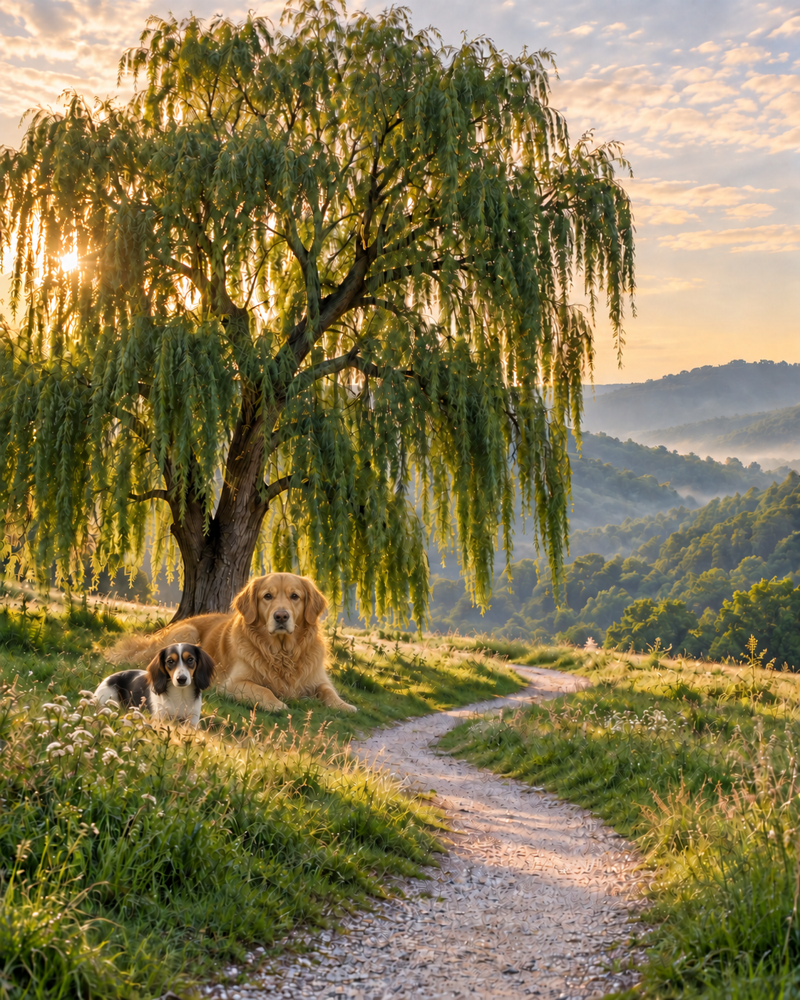 Willow and Luna resting beneath a willow tree beside a winding meadow path